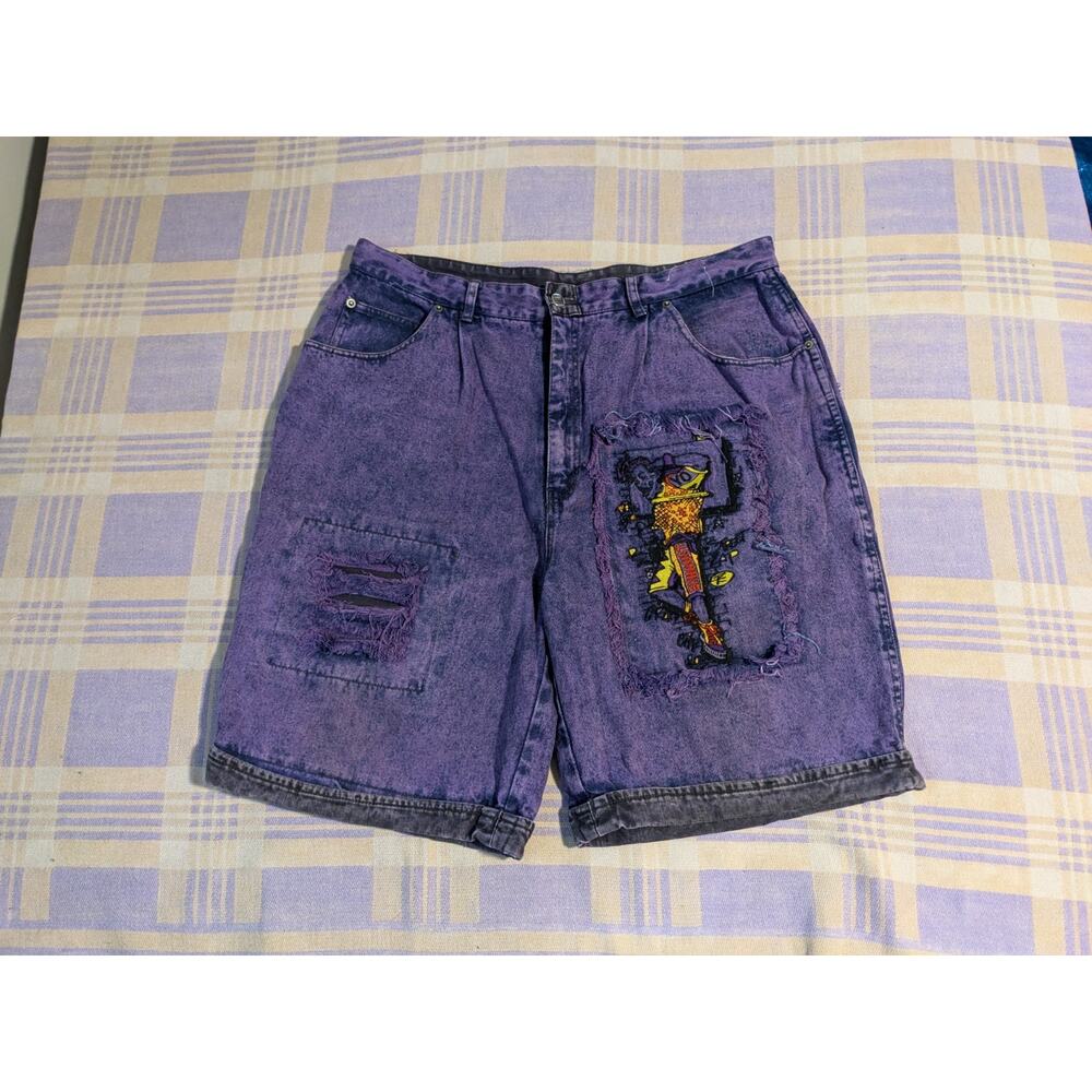 Vintage Hip-Hop Exhaust Jean Shorts Purple Yo Street Rap Size 38 Baggy 80s 90s